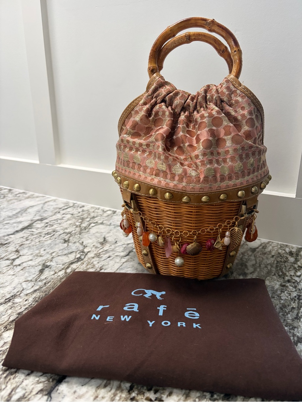 Rafe wicker bucket purse, bamboo handles and gold sea themed charms